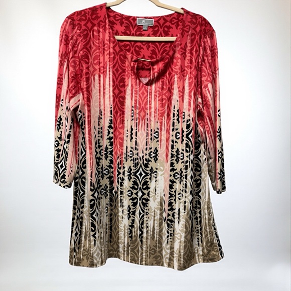 JM Collection Red Black and Tan Patterned Tunic Size L - Picture 1 of 6
